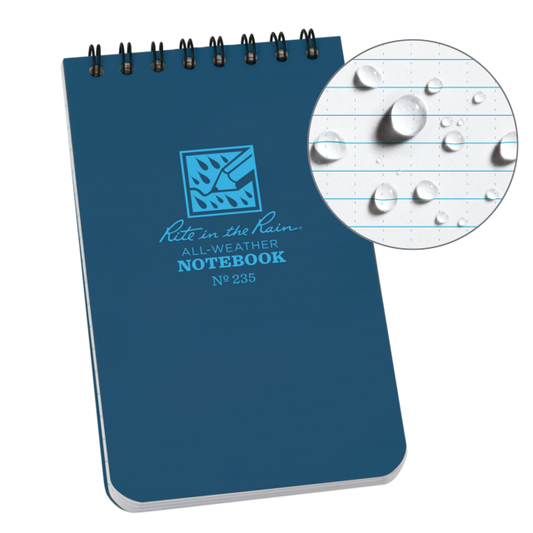 Weatherproof Notepad, 3" x 5" Top Spiral, Universal Page Pattern, Blue Cover (No. 235)