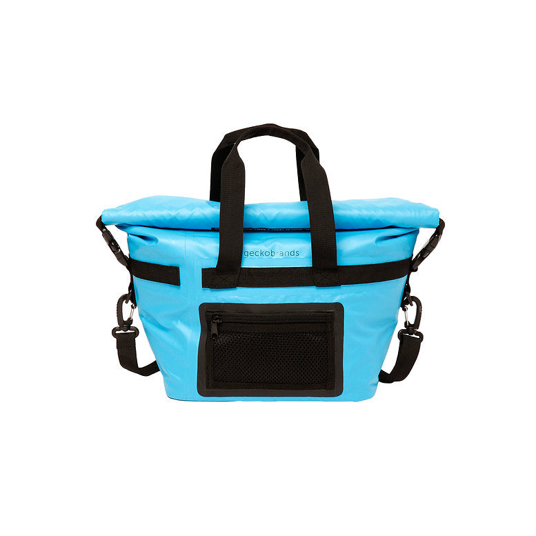 Reverse view: Neon Blue Tote Dry Bag Cooler from Geckobrands. This 6L cooler/dry bag hybrid keeps ice from 12-36 hours. When not in use as a cooler it doubles as a dry bag to store clothing and gear, ensuring it stays dry.