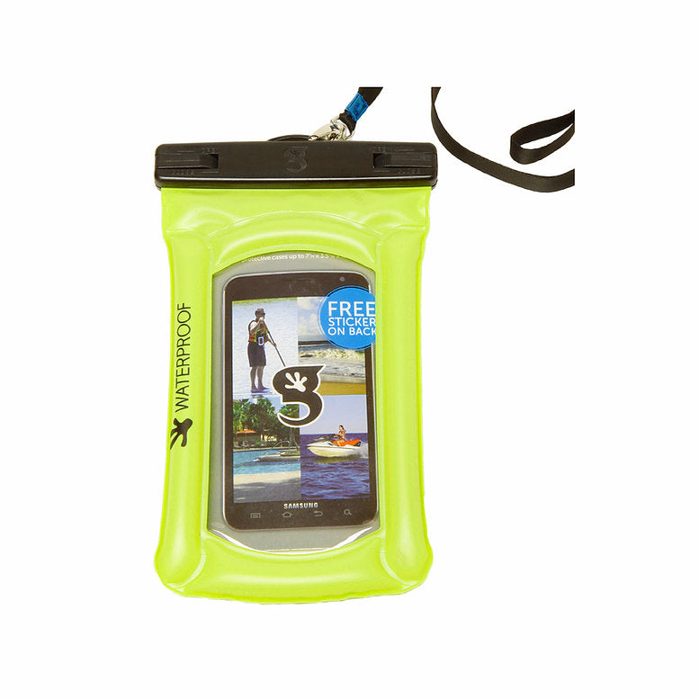 Neon Green Float Phone Dry Bag from Geckobrands. Keeps phones dry and protected during activities in or around the water. Bring it to the lake, bring it to the ocean!