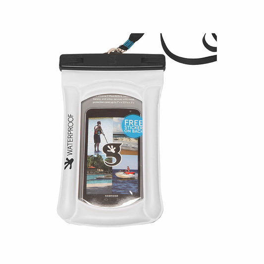 White Float Phone Dry Bag from Geckobrands. Keeps phones dry and protected during activities in or around the water. Bring it to the lake, bring it to the ocean!