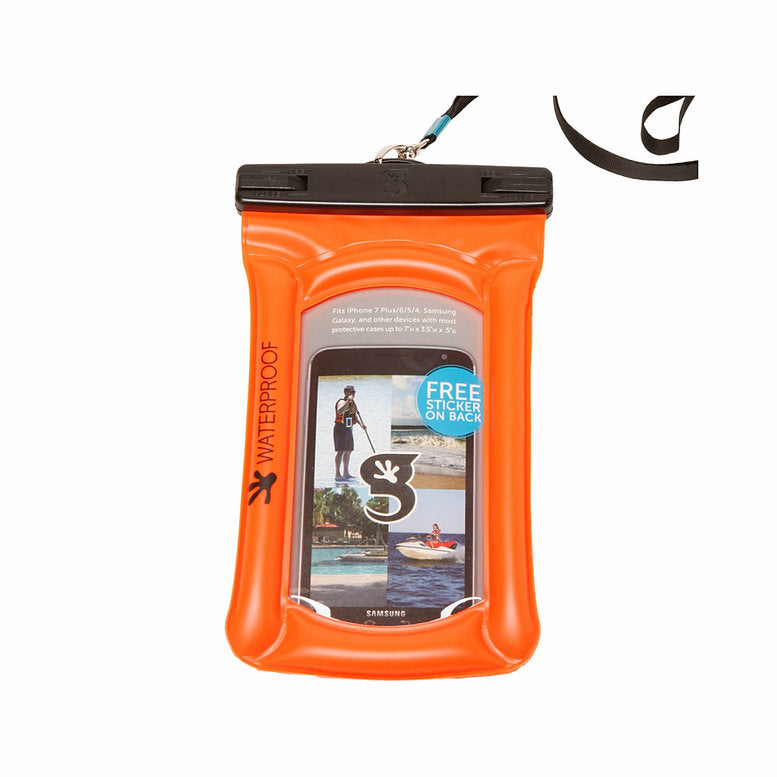 Neon Orange Float Phone Dry Bag from Geckobrands. Keeps phones dry and protected during activities in or around the water. Bring it to the lake, bring it to the ocean!