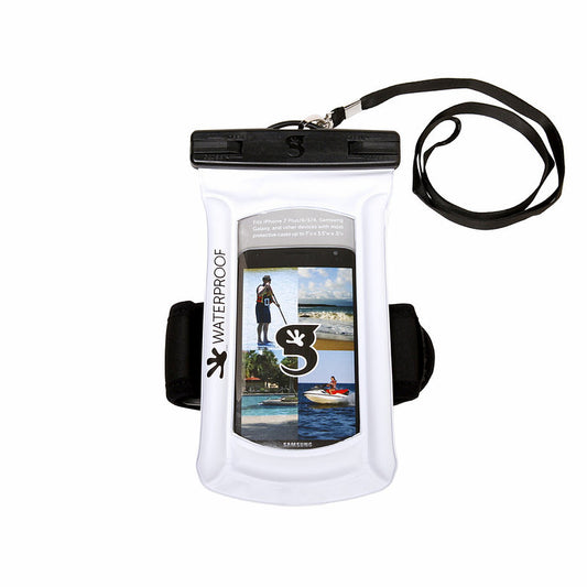 White Float Phone Dry Bag With Arm Band from Geckobrands. Waterproof phone case with adjustable arm band that protects most devices during activities in and around the water.