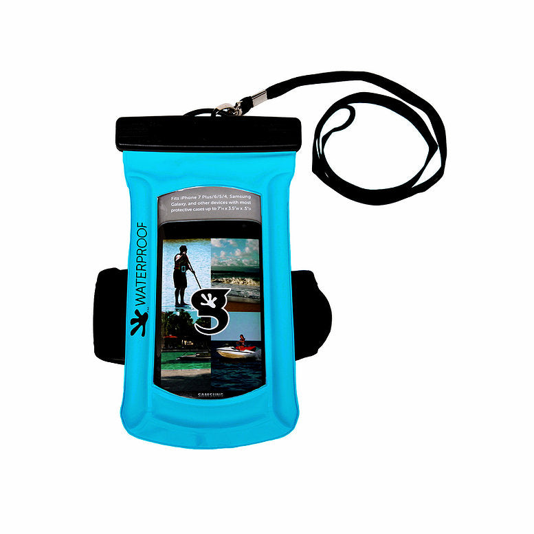 Neon Blue Float Phone Dry Bag With Arm Band from Geckobrands. Waterproof phone case with adjustable arm band that protects most devices during activities in and around the water.