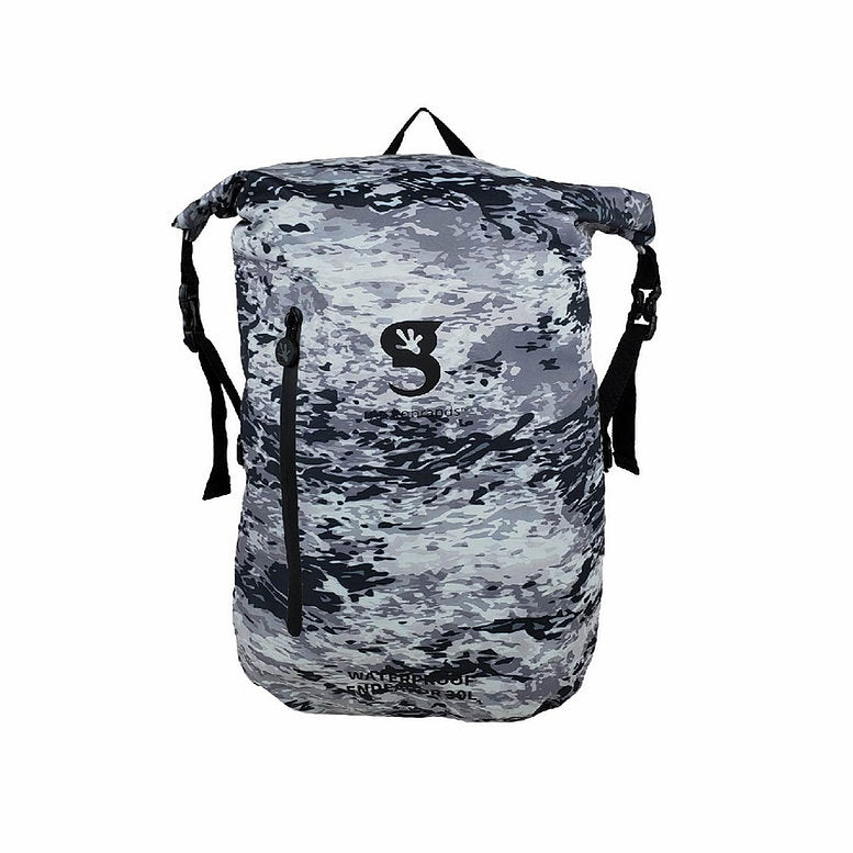 Artic Geckoflage Endeavor 30L Lightweight Waterproof Backpack from Geckobrands. A lightweight, packable, and waterproof backpack to store your gear in to protect it from rain, snow, water and sand.