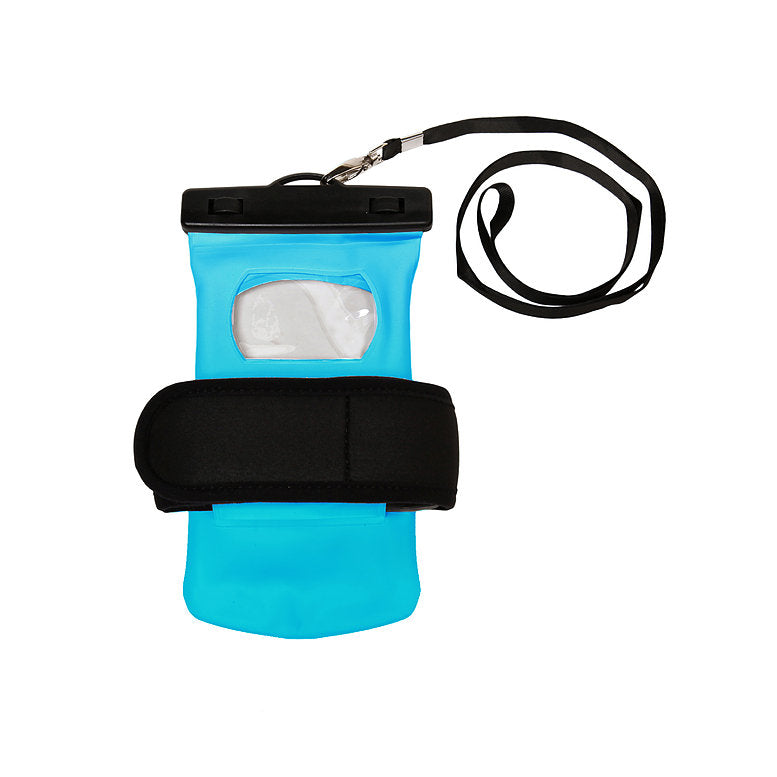 Reverse view: Neon Blue Float Phone Dry Bag With Arm Band from Geckobrands. Waterproof phone case with adjustable arm band that protects most devices during activities in and around the water.