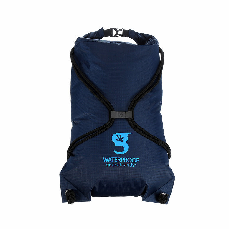 Reverse View: Navy/Neon Blue Waterproof Drawstring Backpack from Geckobrands. Roll-top waterproof design; lightweight material.