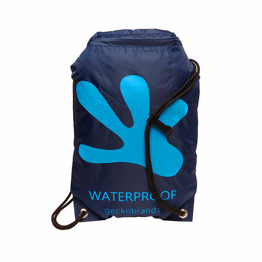 Navy/Neon Blue Waterproof Drawstring Backpack from Geckobrands. Roll-top waterproof design; lightweight material.
