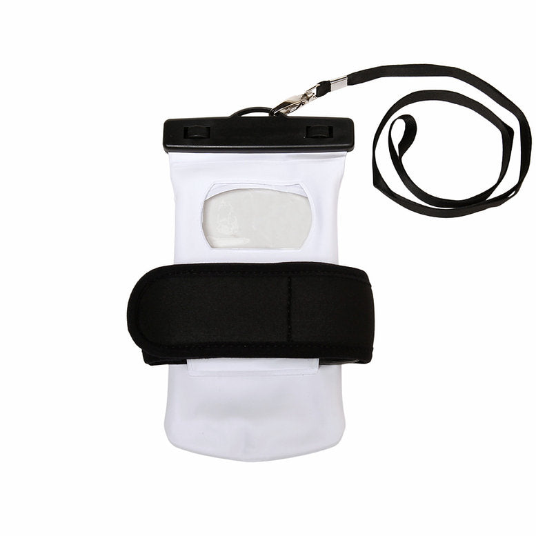 Reverse view: White Float Phone Dry Bag With Arm Band from Geckobrands. Waterproof phone case with adjustable arm band that protects most devices during activities in and around the water.